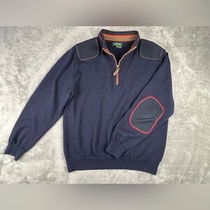 Orvis Mens Navy Blue Wool 1/4 Zip Sweater Size M Elbow Patch Shoulder Pull Over